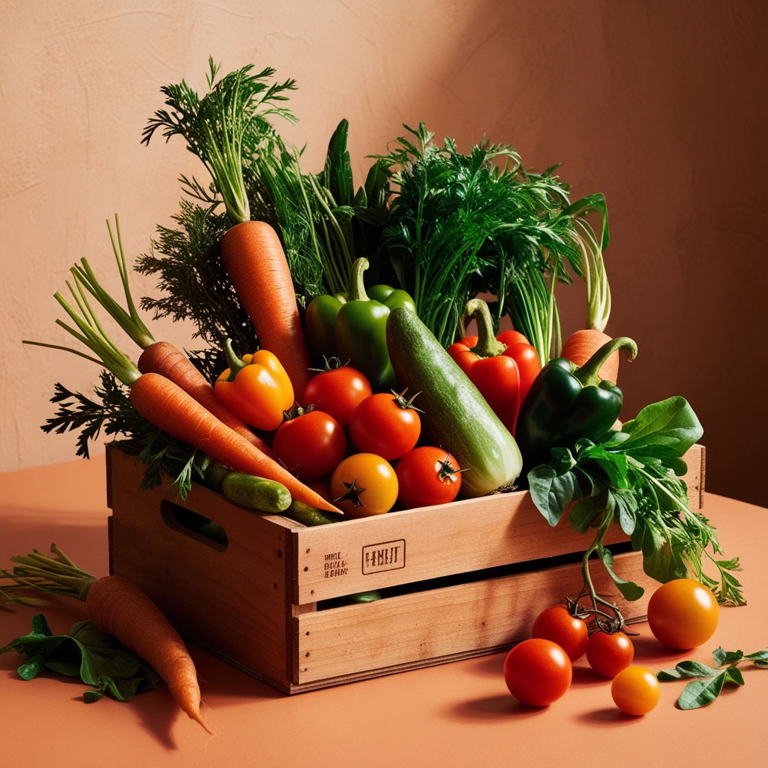 A colorful selection of fresh vegetables in a market basket